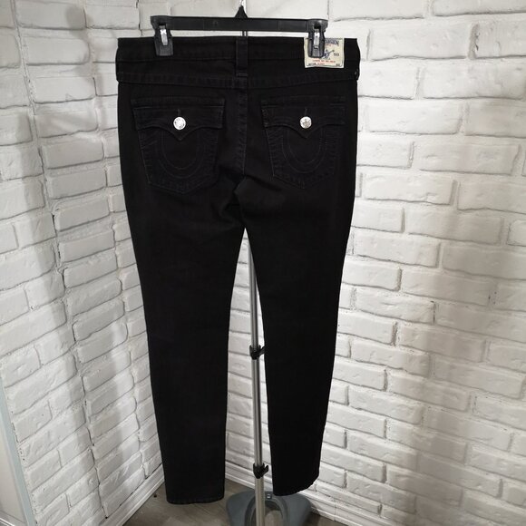 True Religion Ladies Size 31 Black World Tour Skinny Jeans w/ Purple Stitching - Picture 2 of 13